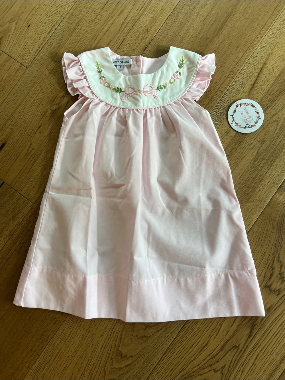 NWT Sweet Dreams Pink Baby Dress with Floral Embroidered Collar